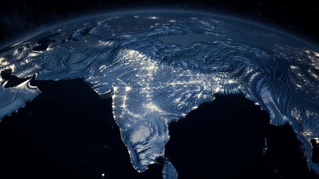 India and Sri Lanka Night View from Space High Angle Depicting Urban Illumination and Global Connectivity on Dark Curved Earth