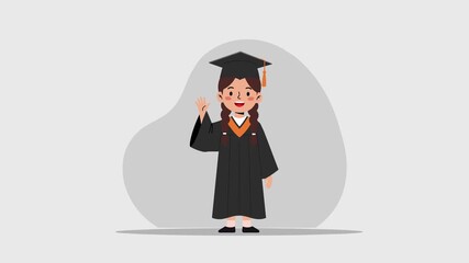 Cartoon animation of a girl with dark braids in graduation attire waving against a clean light gray background. Great for educational materials, digital classroom greetings, and graduation presentatio - Powered by Adobe