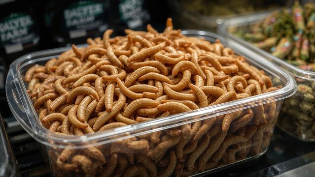 Mealworms displayed in a container at a market for animal feed