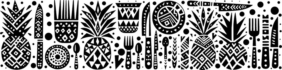Hand‑Drawn Pineapple and Fruits Illustration, Tribal Tropical Folk Art Pattern Vector for Summer and Organic Food Theme Designs