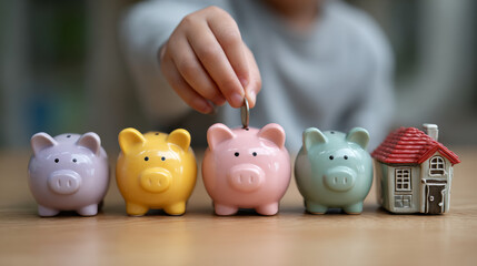 Child hand gently deposits coin into one of four colorful piggy banks, symbolizing saving and financial planning. small model house stands beside them, representing future investments