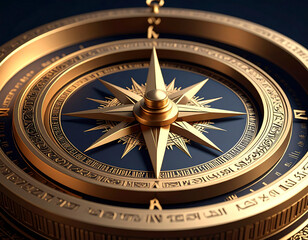 Ornate Golden Compass with Ancient Script and Starburst Needle on Dark Background.