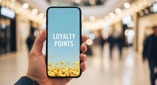Hand Holding Smartphone with Loyalty Points App in Shopping Mall, Rewards Program, Customer Retention, Mobile Marketing, Retail Promotions Concept