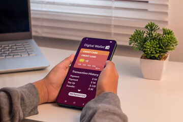 E-wallet transaction, digital wallet or online payment concept. Woman using digital wallet on her...