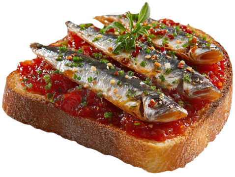 Sardine toast appetizer recipe with tomato and herbs on transparent background