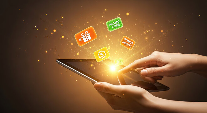 Online Shopping Rewards and Discounts Concept: Hands Using Tablet with Promo Code, Bonus Points, and Gift Icons for E-commerce Promotions.