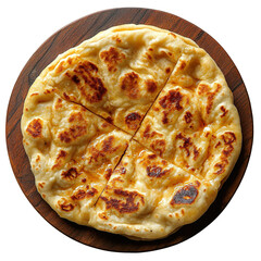Top view of a delicious looking etli ekmek on a dark wooden plate isolated on a white transparent background.