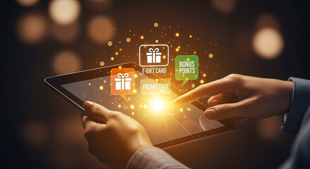 Online Shopping with Digital Tablet: E-Gift Card, Promo Code, Bonus Points. Modern Marketing Strategy, Loyalty Program, and E-commerce Concept.