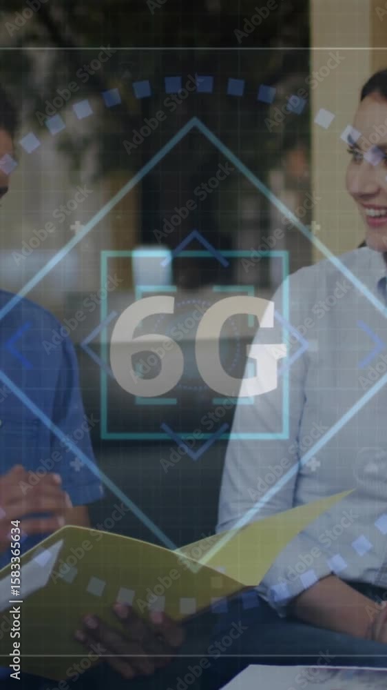 Poster discussing technology, diverse group with 6g network animation in school setting