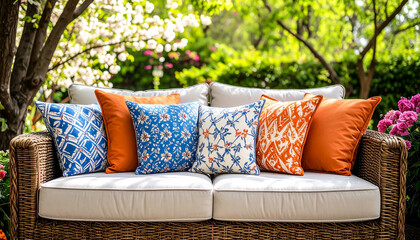 Outdoor Patio Sofa With Decorative Colorful Patterned Pillows Surrounded By Garden Flowers And Trees