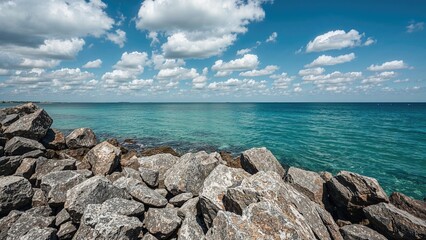 Rough rocky bank with serene water beyond