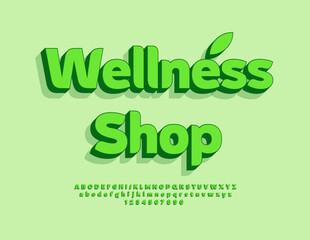 Vector Healthy board Wellness Shop. Artistic Green Font. Bright Decorative 3D Alphabet Letters and Numbers set.