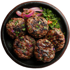 Top view of a delicious looking fırın köfte on a dark clay plate isolated on a white transparent background
