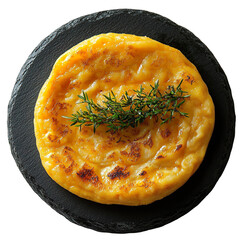 Top view of a delicious looking fırın kuzu on a dark stone plate isolated on a white transparent background
