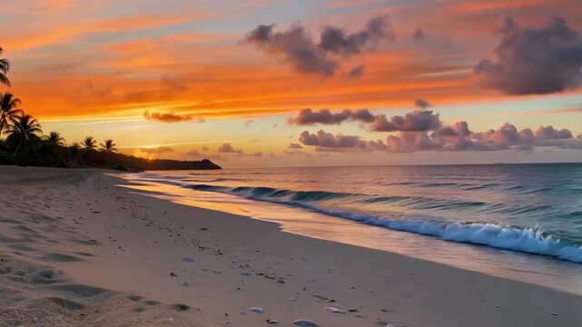 Sunset Beach Serenity: A captivating coastal panorama unveils a breathtaking sunset, where the fiery hues of the sun dance with the gentle caress of waves on the beach.