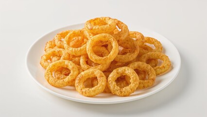 Crispy potato chips and rings piled on a white serving plate