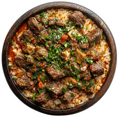 Top view of a delicious looking imam bayıldı on a dark wooden plate isolated on a white transparent background
