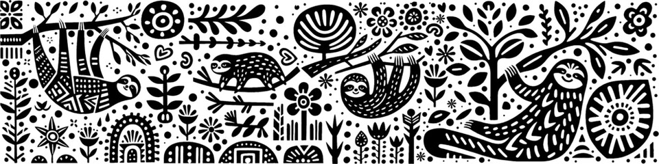 Hand-Drawn Sloth Illustration, Jungle Animal Tribal Folk Art Style Vector for Wildlife and Nature Themes Design