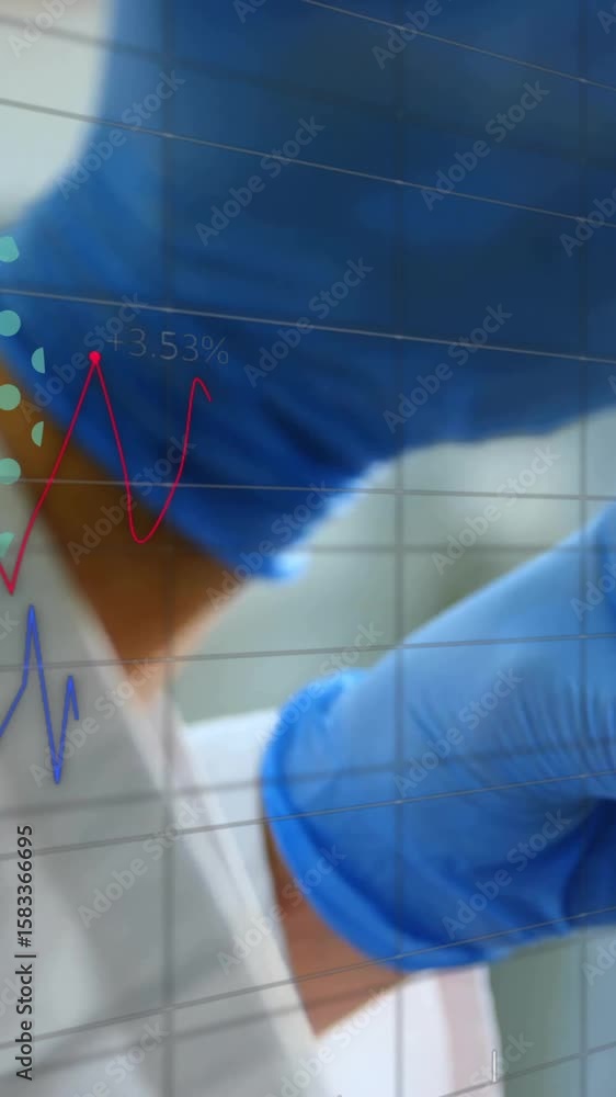 Aufkleber analyzing liquid sample, scientist with data graphs overlaying in animation lab