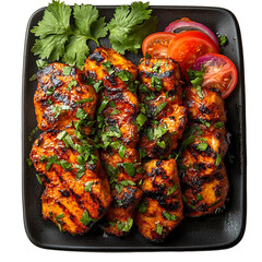Top view of a delicious looking karnıyarık on a dark rectangular plate isolated on a white transparent background.
