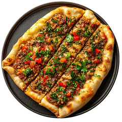 Top view of a delicious looking kaşarlı pide on a dark metal plate isolated on a white transparent background.
