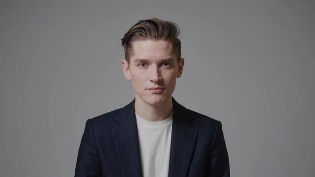 Young man with slicked-back hair and casual blazer delivers a straightforward message against a plain gray background. His clean, minimalist style suggests a digital marketer, product manager, or SaaS