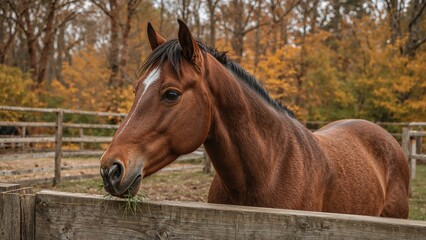 Obraz premium A big brown horse grazing in a fenced area with fall foliage in the background