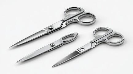 Three pairs of shiny metal scissors on a plain white background