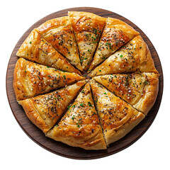 Top view of a delicious looking keşkek on a dark wooden plate isolated on a white transparent background.
