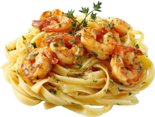 Delicious shrimp scampi pasta plate food photography on transparent background