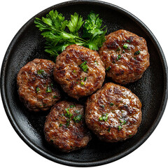 Top view of a delicious looking köfte ekmek on a dark metal plate isolated on a white transparent background.
