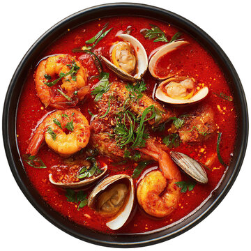 Seafood cioppino soup recipe with shrimp and clams on transparent background