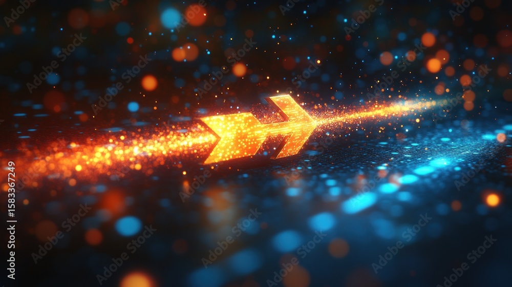Poster glowing arrow with shimmering particles points rightward