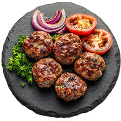 Top view of a delicious looking köfte on a dark stone plate isolated on a white transparent background.
