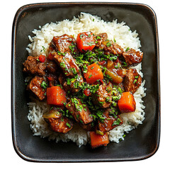 Top view of a delicious looking kuru fasulye with rice on a dark rectangular plate isolated on a white transparent background.