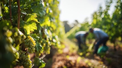 The vineyard scene with farmers harvesting ripe grapes in summer sunlight