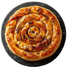 Top view of a delicious looking kuymak on a dark marble plate isolated on a white transparent background.