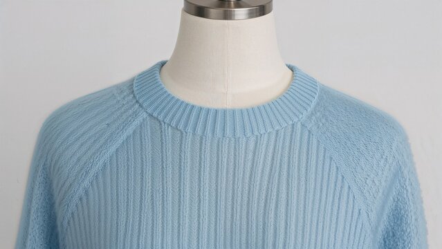A stylish mannequin features a light blue angora pullover, highlighting its plush fabric and fashionable look.