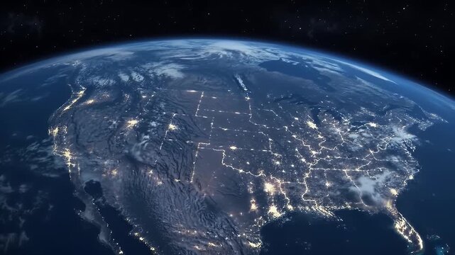 Night View of Planet Earth From Space Showcasing City Lights and Continental Outlines Against a Starry Backdrop
