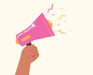 hand holding pink megaphone, Announcement sign. Marketing Campaigns and Public Event Promotions.