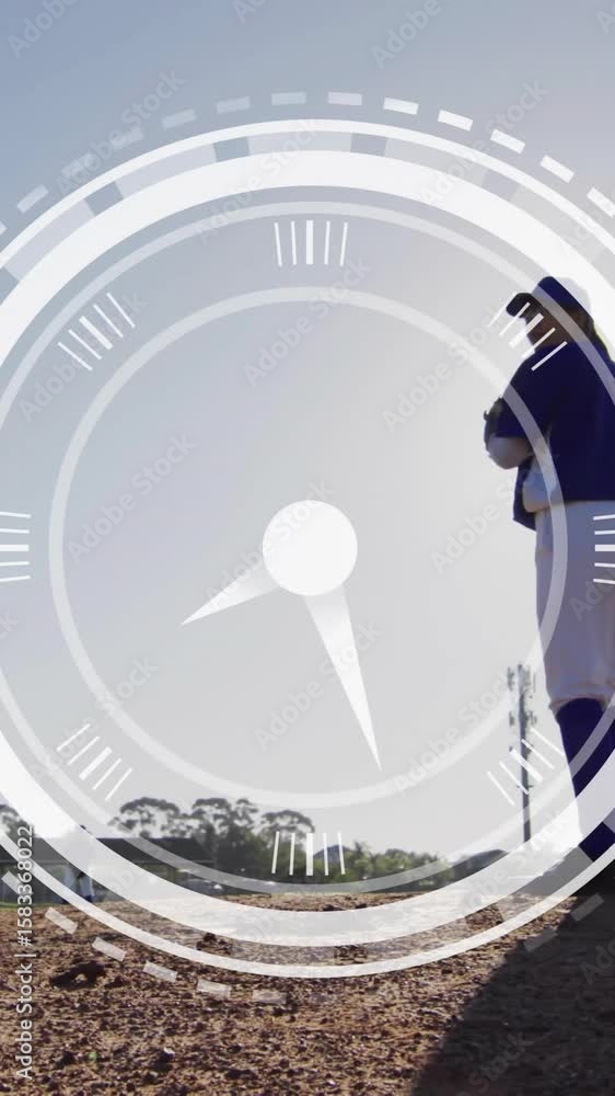 Poster baseball player on mound with circular digital animation overlaying scene