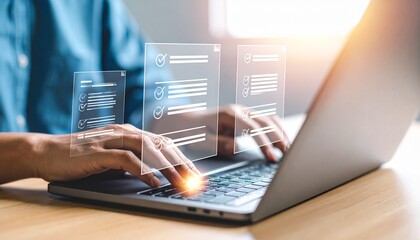 Businessperson completes digital survey form using laptop, showing online documents and digital technology on screen.