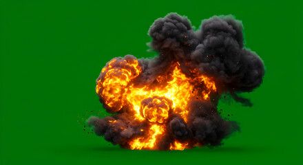 Ultra-realistic 3D render of powerful fire explosion and thick smoke cloud on light green screen background, perfectly chroma key ready for VFX compositing in film, gaming, or action scenes