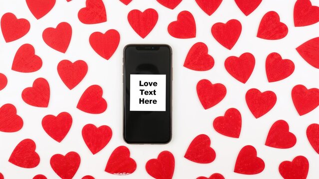 A smartphone with a space for text rests on a white surface surrounded by numerous red hearts, symbolizing holiday gifts and online purchasing
