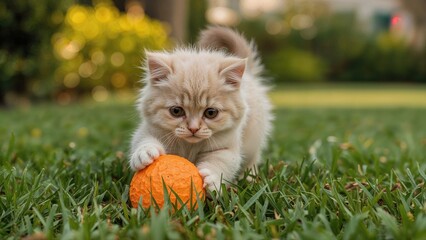 A tiny feline is having fun with a sphere.