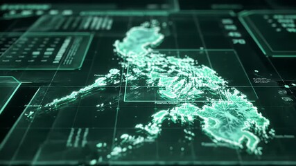 Philippines Map Digital Illustration in Cyan on Black Background with Glowing Data Network Perfect for Technology Websites - Powered by Adobe