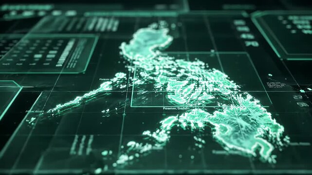 Philippines Map Digital Illustration in Cyan on Black Background with Glowing Data Network Perfect for Technology Websites - Powered by Adobe