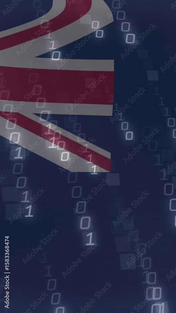 Poster binary code overlaying falkland islands flag in animated digital concept scene