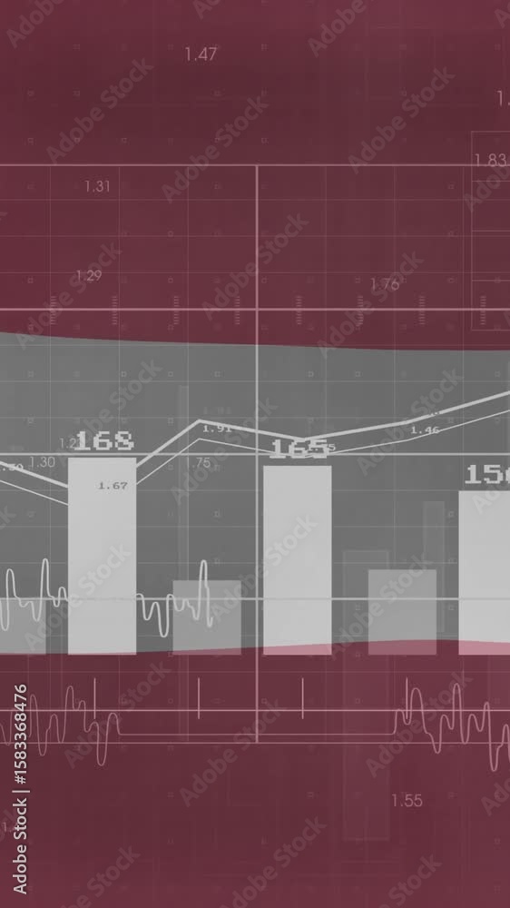Poster animation of graph and bar chart with fluctuating data on red and gray background
