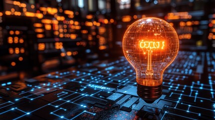 Glowing bulb on tech circuit, bright orange & blue lights